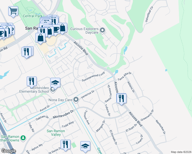 map of restaurants, bars, coffee shops, grocery stores, and more near 205 Summerford Circle in San Ramon