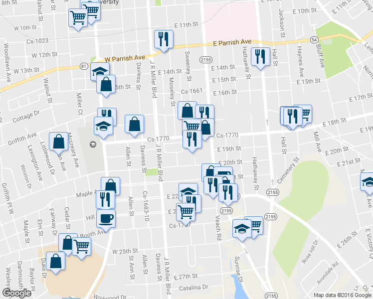 map of restaurants, bars, coffee shops, grocery stores, and more near 43 Colonial Court in Owensboro