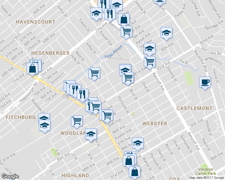 map of restaurants, bars, coffee shops, grocery stores, and more near 1666 81st Avenue in Oakland