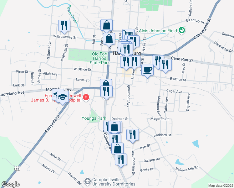 map of restaurants, bars, coffee shops, grocery stores, and more near 419 Chestnut Street in Harrodsburg