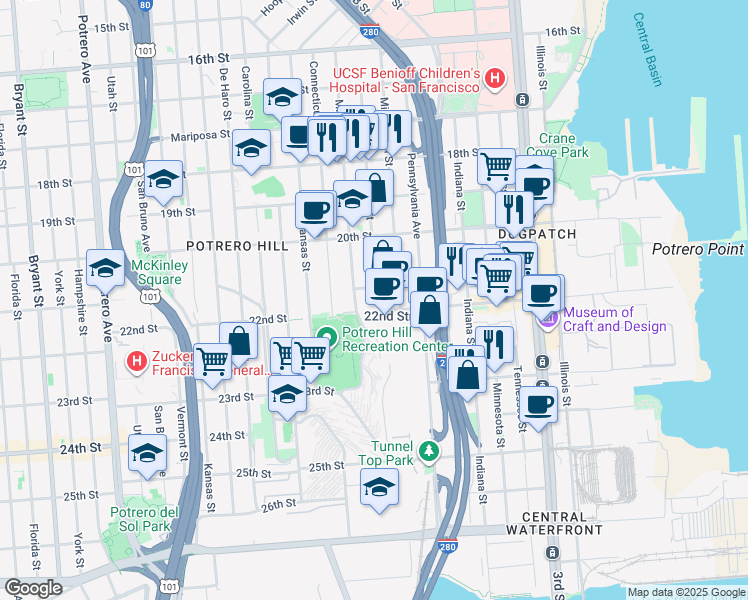 map of restaurants, bars, coffee shops, grocery stores, and more near 650 Texas Street in San Francisco