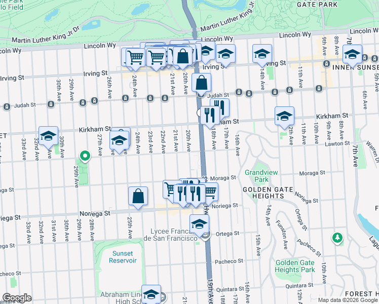 map of restaurants, bars, coffee shops, grocery stores, and more near 20th Avenue & Lawton Street in San Francisco