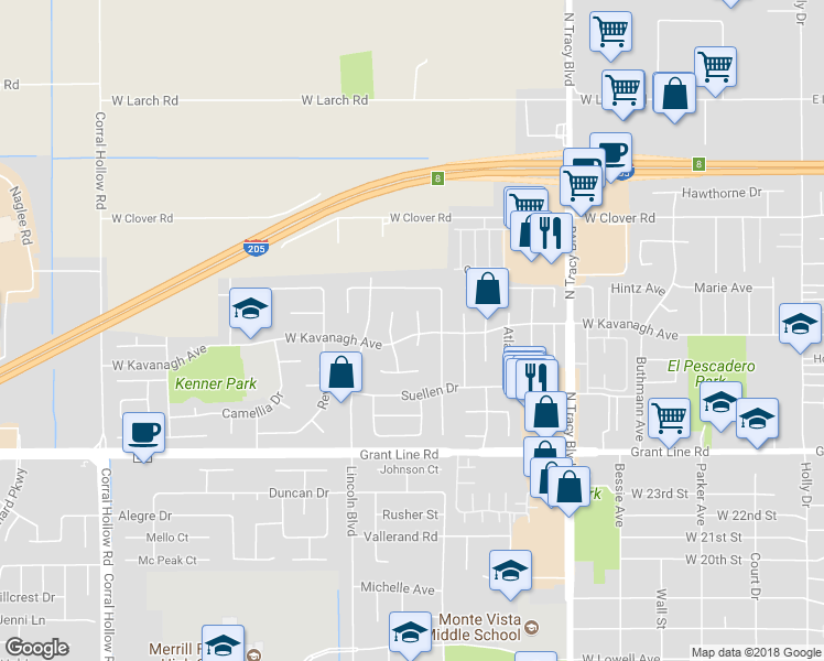 map of restaurants, bars, coffee shops, grocery stores, and more near 1361 West Kavanagh Avenue in Tracy