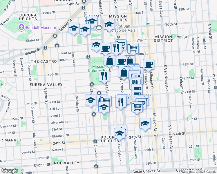 map of restaurants, bars, coffee shops, grocery stores, and more near 719 Dolores Street in San Francisco