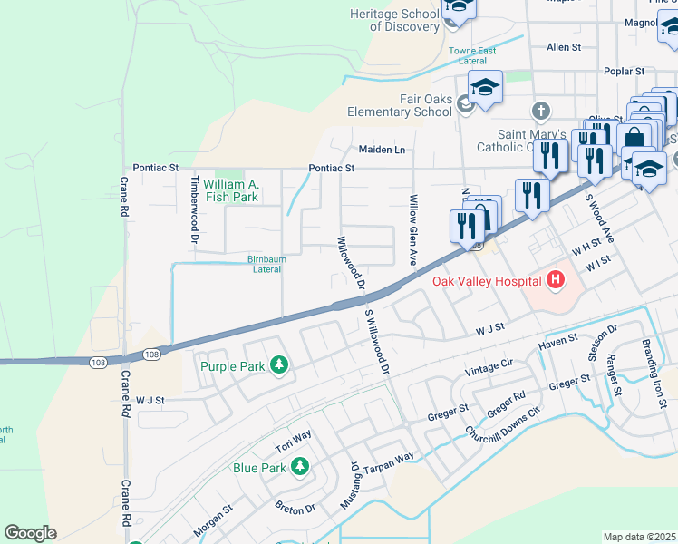 map of restaurants, bars, coffee shops, grocery stores, and more near 30 Willowood Drive in Oakdale