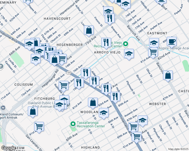 map of restaurants, bars, coffee shops, grocery stores, and more near 1475 79th Ave in Oakland