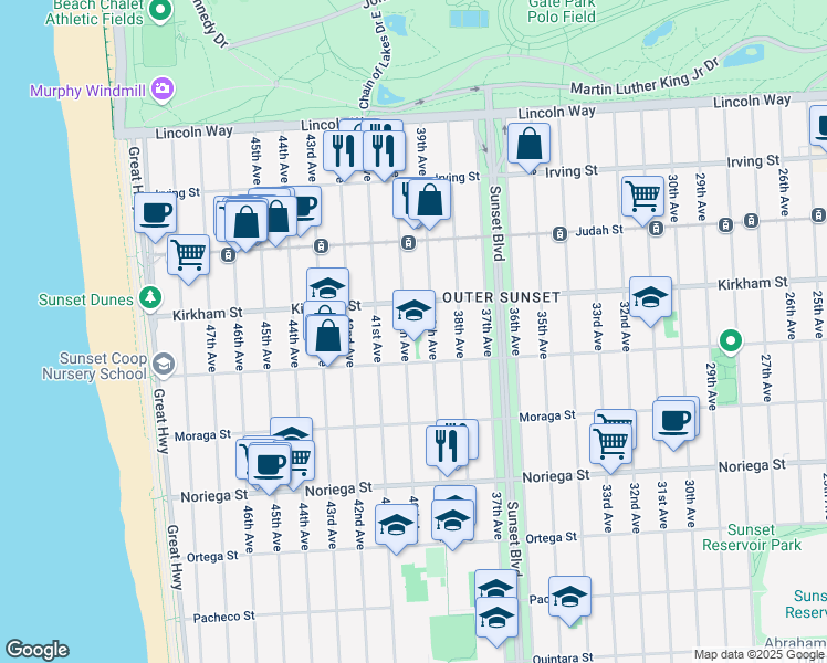 map of restaurants, bars, coffee shops, grocery stores, and more near 1546 40th Ave in San Francisco
