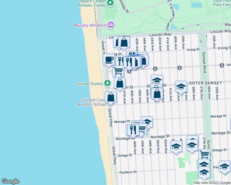 map of restaurants, bars, coffee shops, grocery stores, and more near 1523 48th Avenue in San Francisco