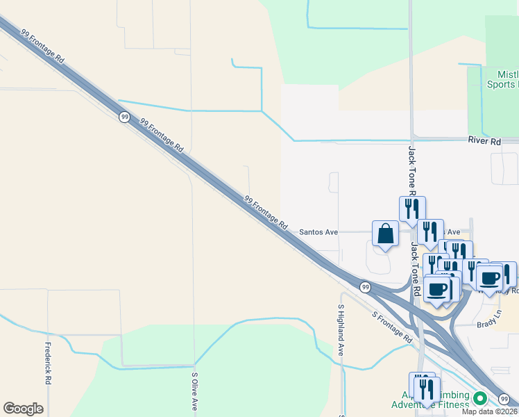 map of restaurants, bars, coffee shops, grocery stores, and more near 22119 99 Frontage Road in Ripon