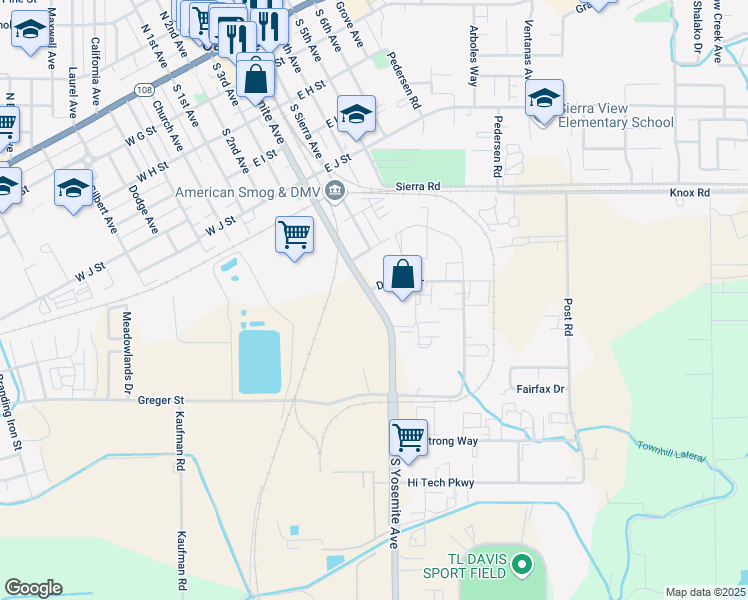 map of restaurants, bars, coffee shops, grocery stores, and more near 788 South Yosemite Avenue in Oakdale