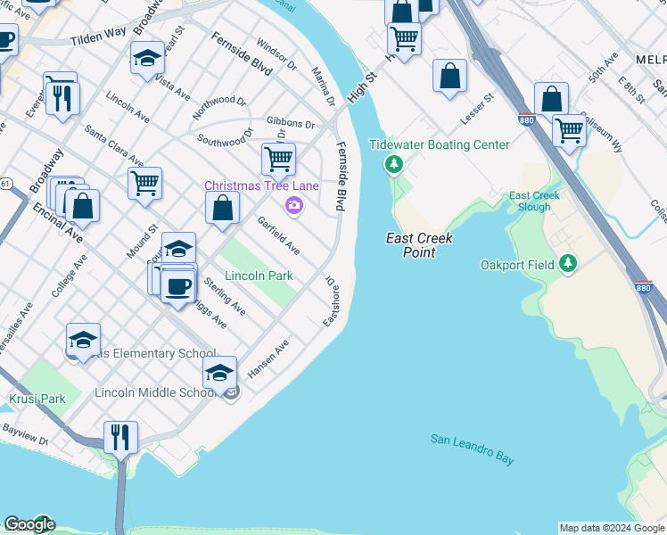 map of restaurants, bars, coffee shops, grocery stores, and more near 1612 Fernside Boulevard in Alameda