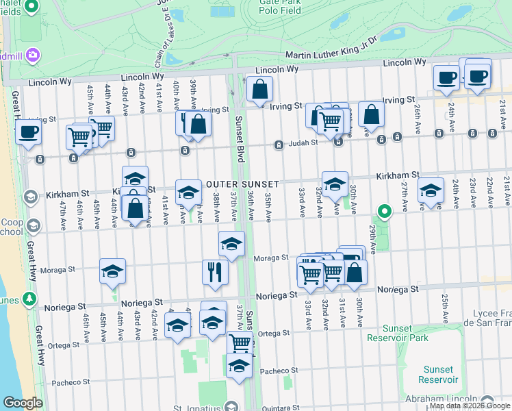 map of restaurants, bars, coffee shops, grocery stores, and more near 1556 36th Avenue in San Francisco