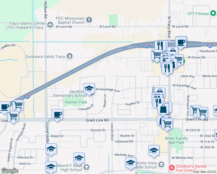 map of restaurants, bars, coffee shops, grocery stores, and more near 1581 West Kavanagh Avenue in Tracy