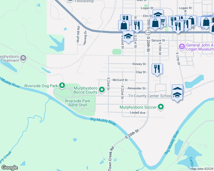 map of restaurants, bars, coffee shops, grocery stores, and more near 608 South 23rd Street in Murphysboro
