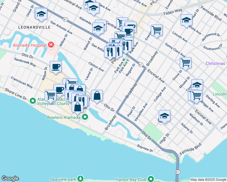 map of restaurants, bars, coffee shops, grocery stores, and more near 1115 Regent Street in Alameda