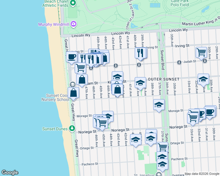 map of restaurants, bars, coffee shops, grocery stores, and more near 1534 44th Avenue in San Francisco
