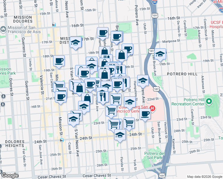 map of restaurants, bars, coffee shops, grocery stores, and more near 873 Alabama Street in San Francisco