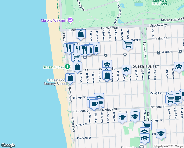 map of restaurants, bars, coffee shops, grocery stores, and more near 1529 45th Avenue in San Francisco