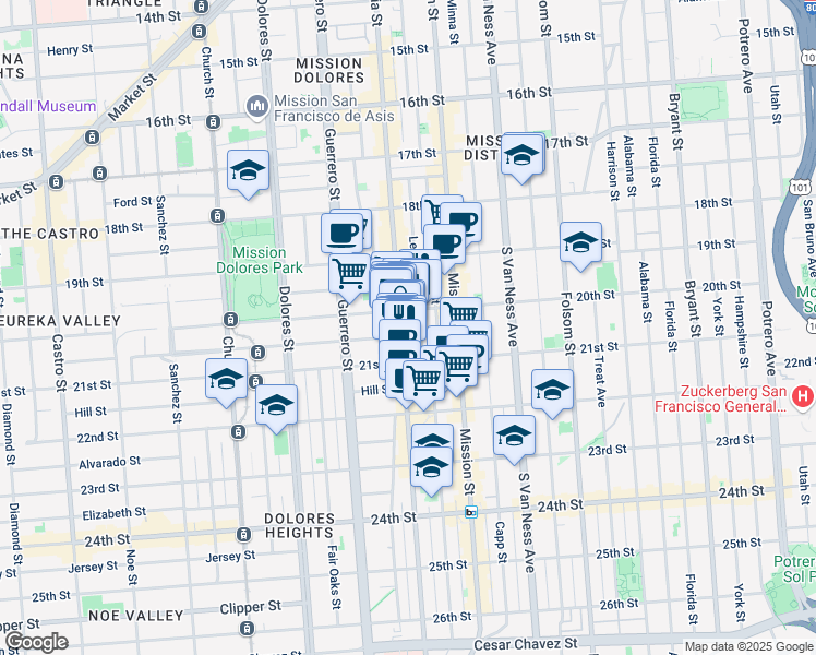 map of restaurants, bars, coffee shops, grocery stores, and more near 929 Valencia Street in San Francisco