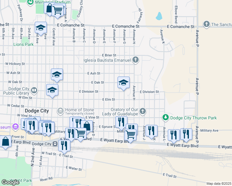 map of restaurants, bars, coffee shops, grocery stores, and more near 701 East Division Street in Dodge City
