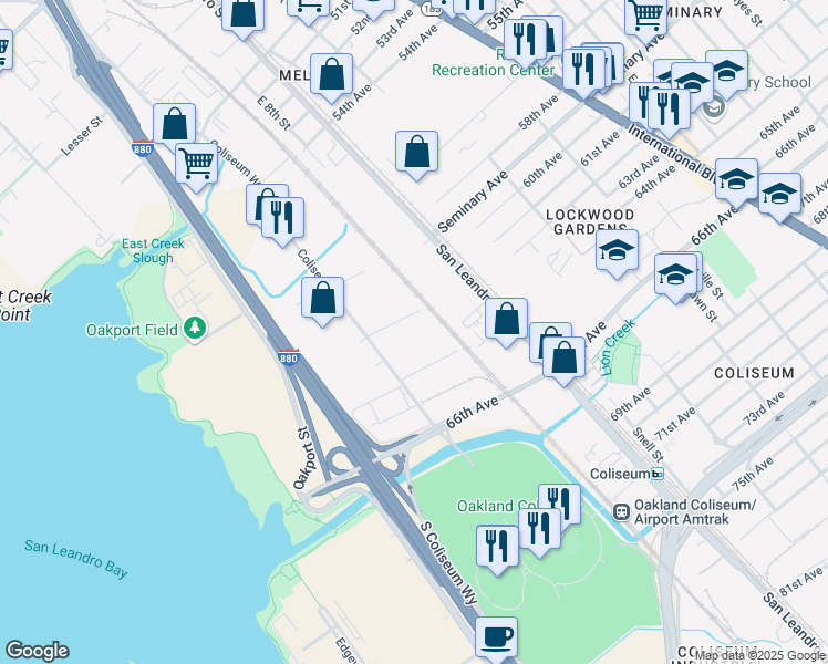map of restaurants, bars, coffee shops, grocery stores, and more near 740 Kevin Court in Oakland