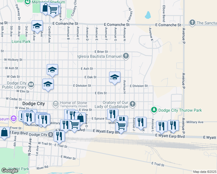 map of restaurants, bars, coffee shops, grocery stores, and more near 701-799 East Division Street in Dodge City