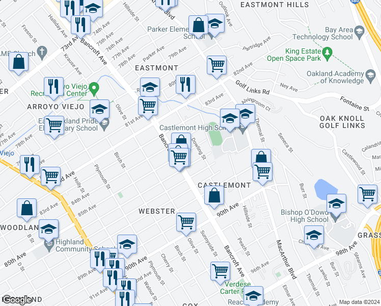 map of restaurants, bars, coffee shops, grocery stores, and more near 2256 85th Avenue in Oakland