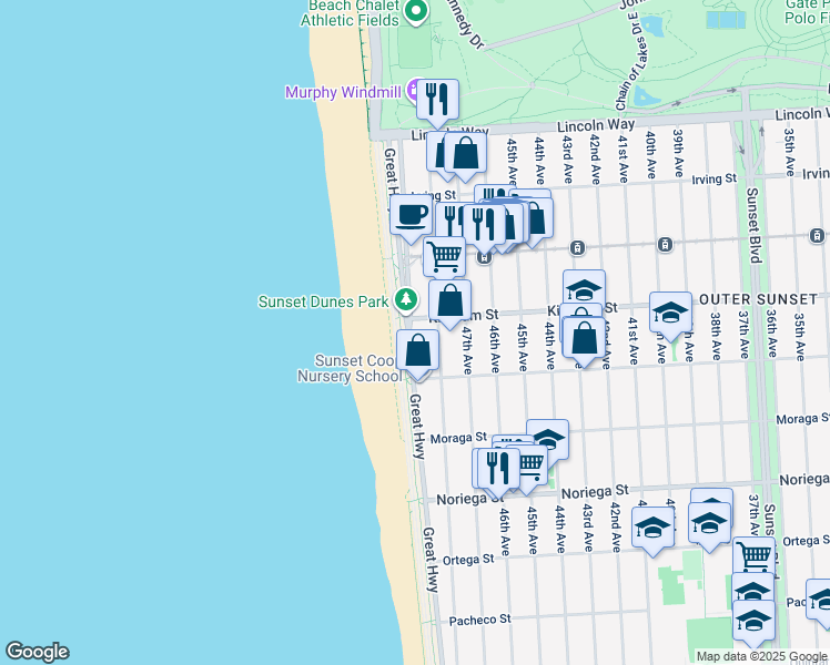 map of restaurants, bars, coffee shops, grocery stores, and more near 1520 Great Highway in San Francisco