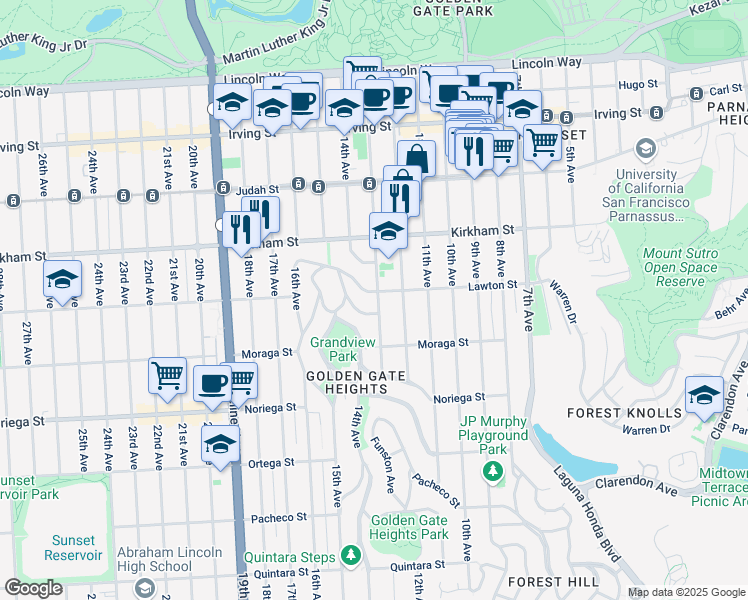map of restaurants, bars, coffee shops, grocery stores, and more near 1611 Funston Avenue in San Francisco