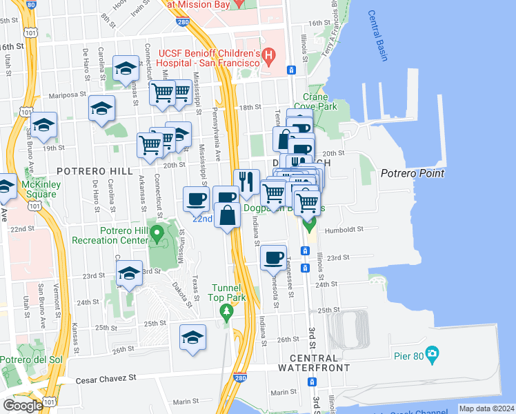map of restaurants, bars, coffee shops, grocery stores, and more near 975 Indiana Street in San Francisco