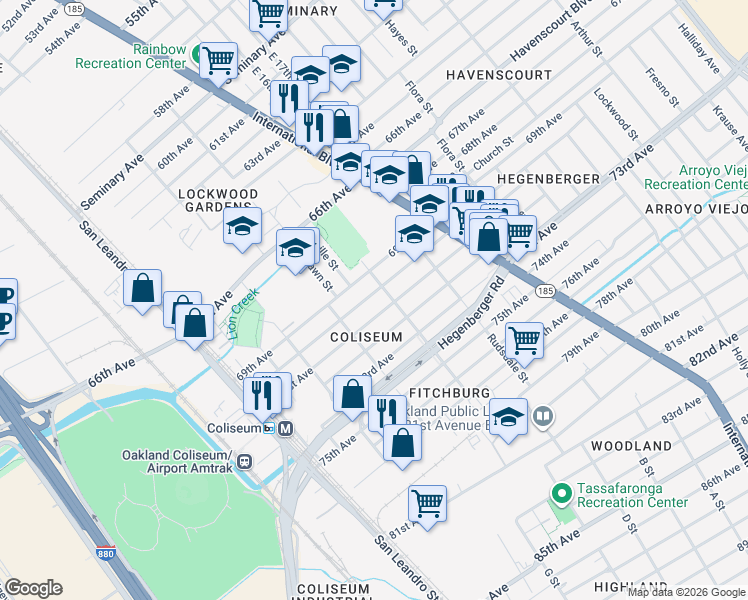 map of restaurants, bars, coffee shops, grocery stores, and more near 1056 70th Avenue in Oakland