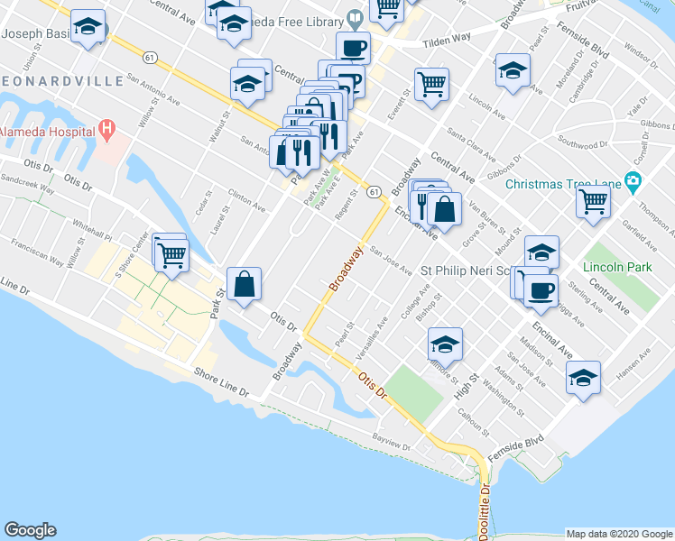 map of restaurants, bars, coffee shops, grocery stores, and more near 1160 Broadway in Alameda