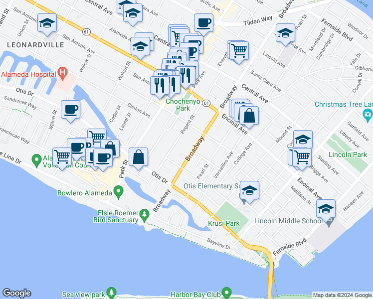 map of restaurants, bars, coffee shops, grocery stores, and more near 1130 Regent Street in Alameda