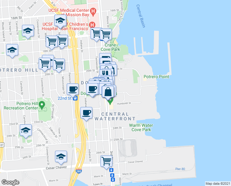 map of restaurants, bars, coffee shops, grocery stores, and more near 1101 Illinois Street in San Francisco