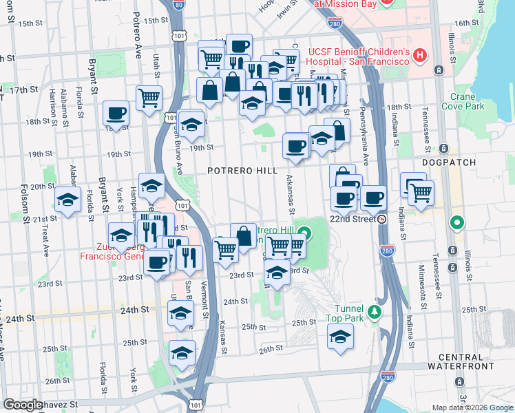 map of restaurants, bars, coffee shops, grocery stores, and more near 835 Carolina Street in San Francisco