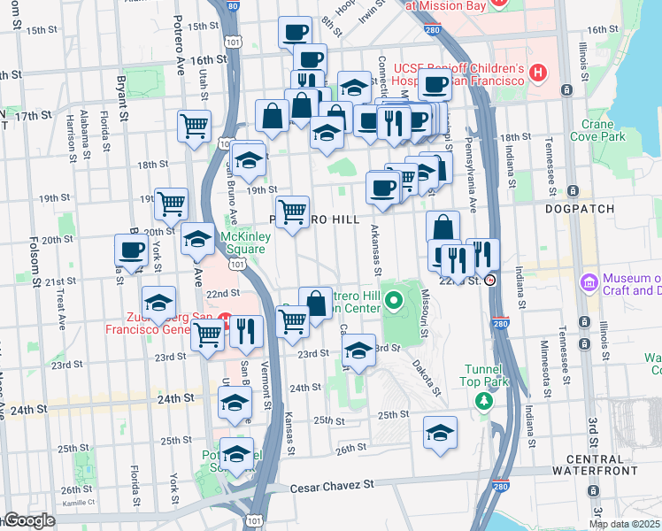 map of restaurants, bars, coffee shops, grocery stores, and more near 835 Carolina Street in San Francisco