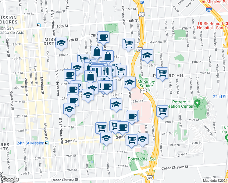map of restaurants, bars, coffee shops, grocery stores, and more near 882 York Street in San Francisco