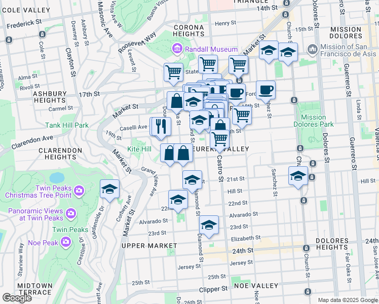 map of restaurants, bars, coffee shops, grocery stores, and more near 271 Eureka Street in San Francisco