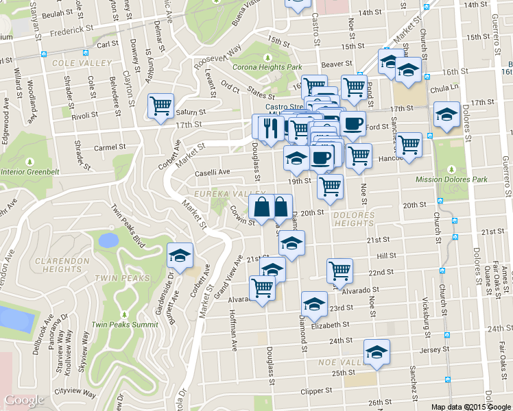 map of restaurants, bars, coffee shops, grocery stores, and more near 363 Douglass Street in San Francisco