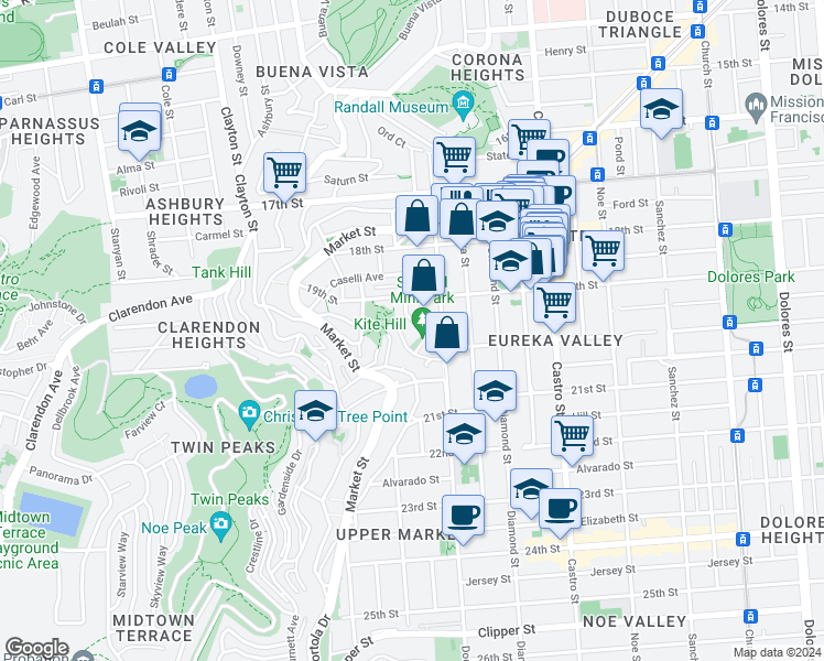 map of restaurants, bars, coffee shops, grocery stores, and more near 160 Corwin Street in San Francisco