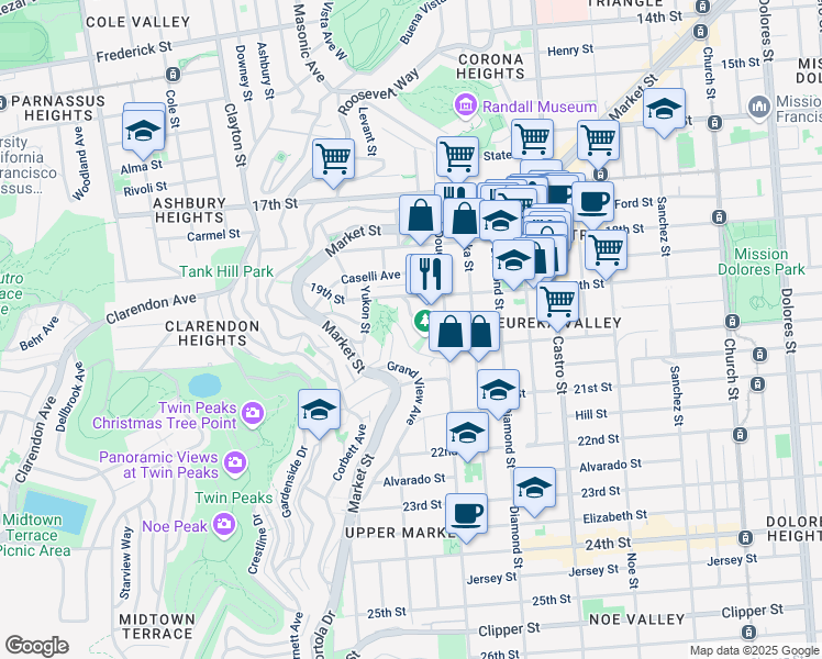 map of restaurants, bars, coffee shops, grocery stores, and more near 160 Corwin Street in San Francisco