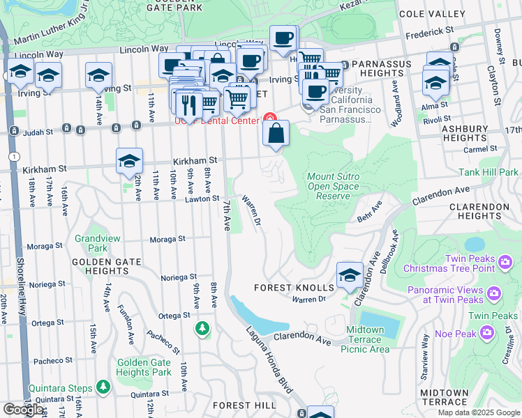 map of restaurants, bars, coffee shops, grocery stores, and more near 470 Warren Drive in San Francisco