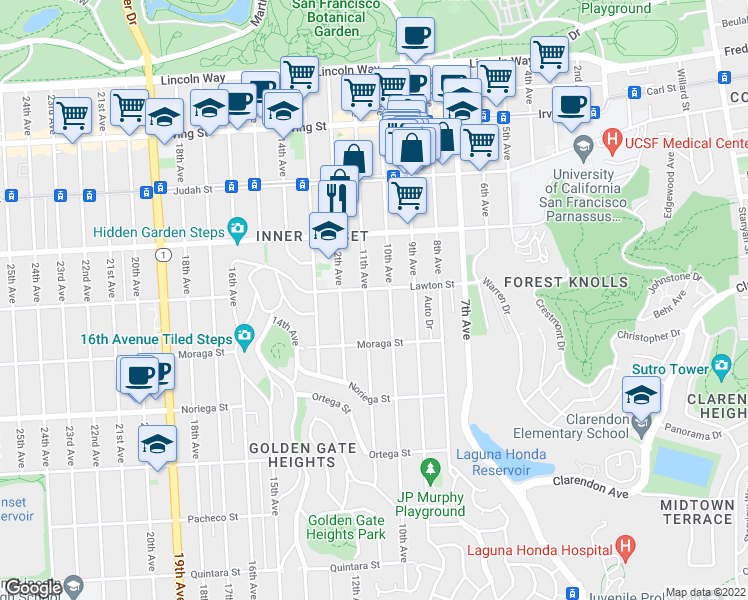 map of restaurants, bars, coffee shops, grocery stores, and more near 419 Lawton Street in San Francisco
