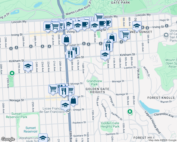 map of restaurants, bars, coffee shops, grocery stores, and more near 1608 16th Avenue in San Francisco