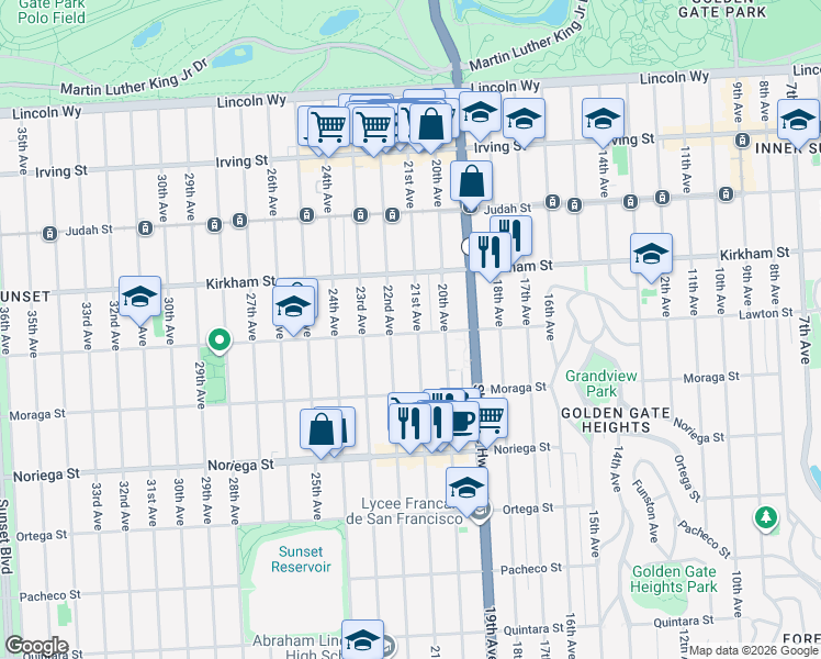 map of restaurants, bars, coffee shops, grocery stores, and more near 1530 Lawton Street in San Francisco