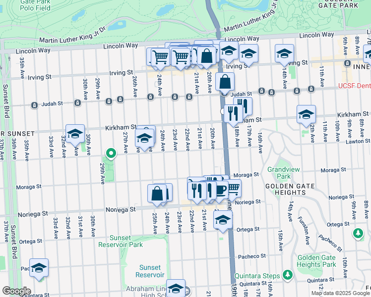 map of restaurants, bars, coffee shops, grocery stores, and more near 1530 Lawton Street in San Francisco
