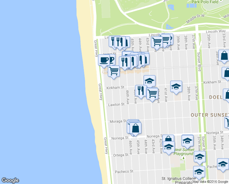 map of restaurants, bars, coffee shops, grocery stores, and more near 1523 48th Avenue in San Francisco