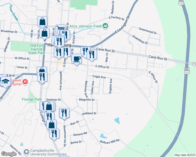 map of restaurants, bars, coffee shops, grocery stores, and more near 446 Cogar Avenue in Harrodsburg