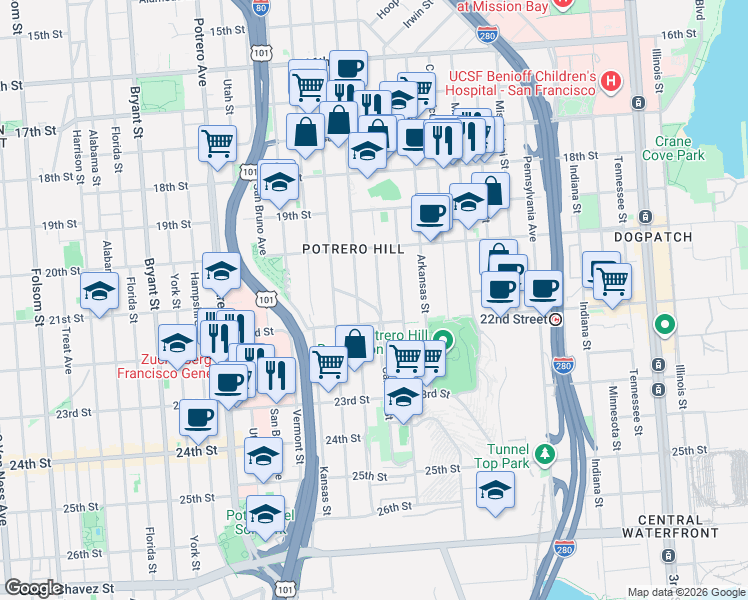 map of restaurants, bars, coffee shops, grocery stores, and more near 835 Carolina Street in San Francisco