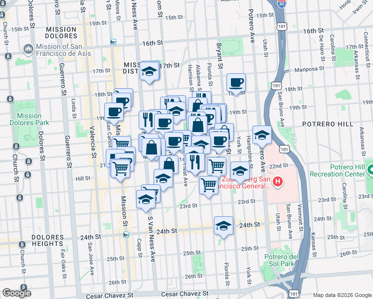map of restaurants, bars, coffee shops, grocery stores, and more near 757 Treat Avenue in San Francisco